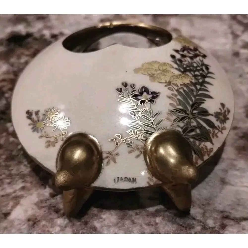 JAPANESE Late Meiji Period Antique SMALL SATSUMA MOON Gold Floral Flask Vase